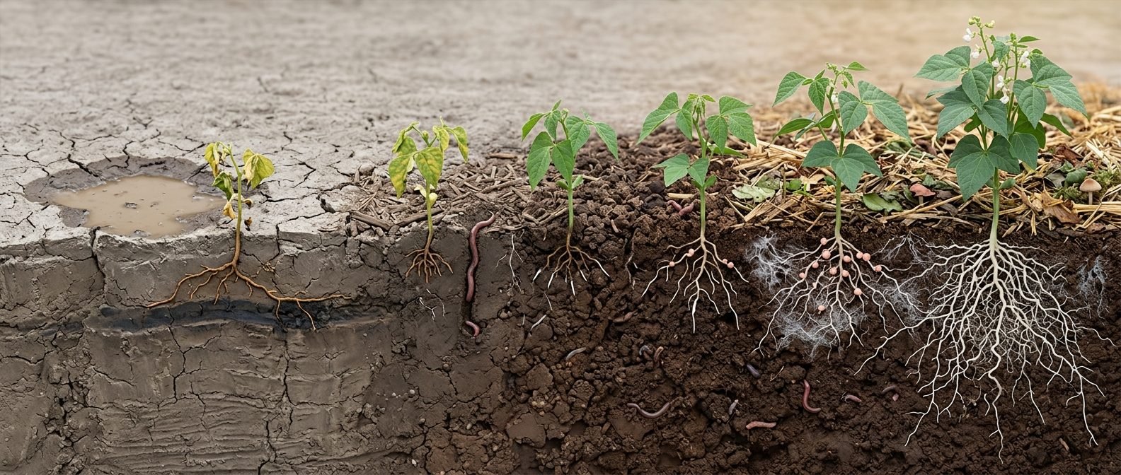A row of bean plants cut away to show their roots. On the left, cracked, compacted gray soil with a puddle, a hard layer and short roots running sideways under a small yellow plant. Moving right, the soil turns dark and crumbly with mulch, earthworms and fungal threads, and the roots grow much deeper under a tall, flowering plant.