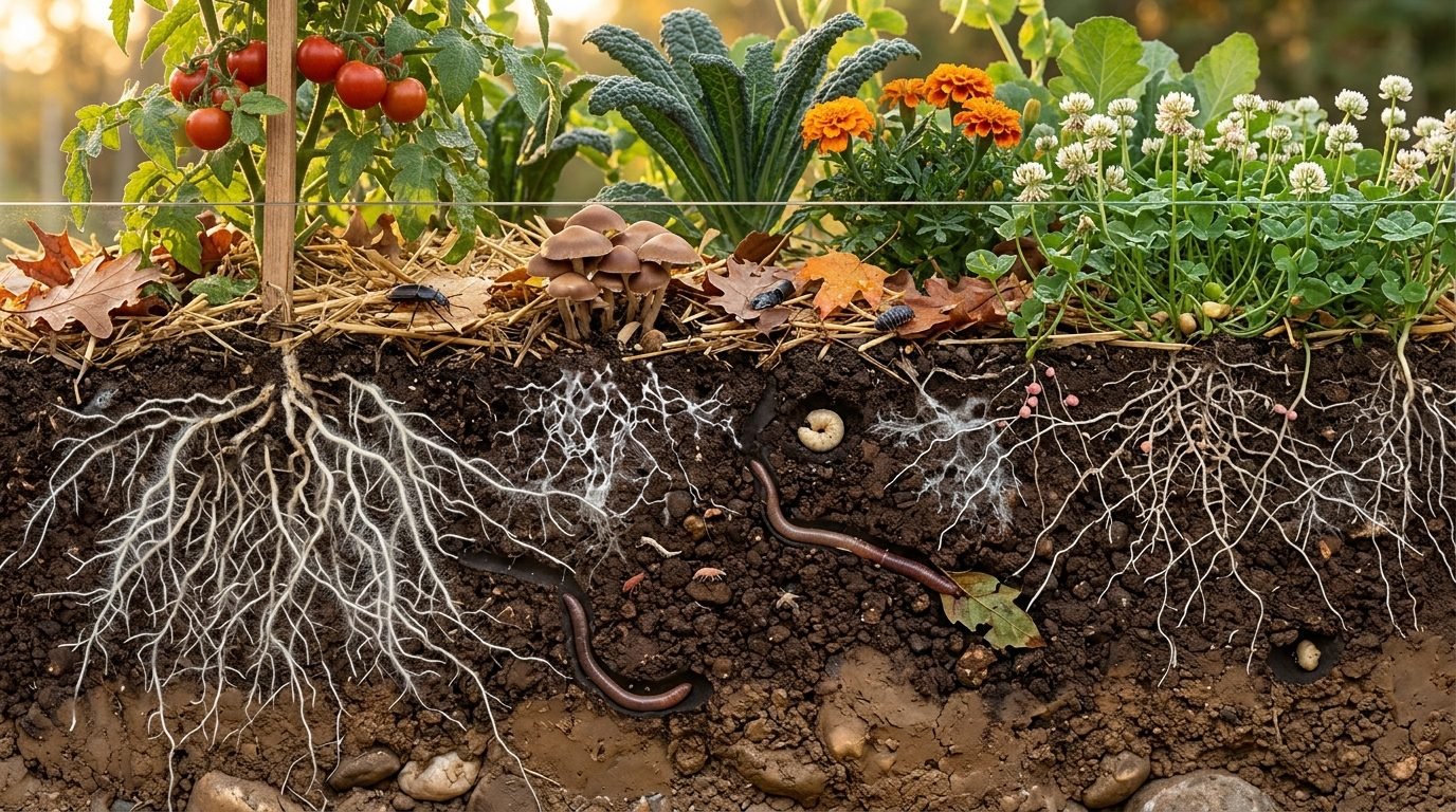 A garden bed cut away to show above and below ground: tomatoes, kale, marigolds and clover over straw mulch and mushrooms, and below them dark crumbly soil with deep branching roots, white fungal threads, pink nodules on the clover roots, earthworms and a beetle grub.