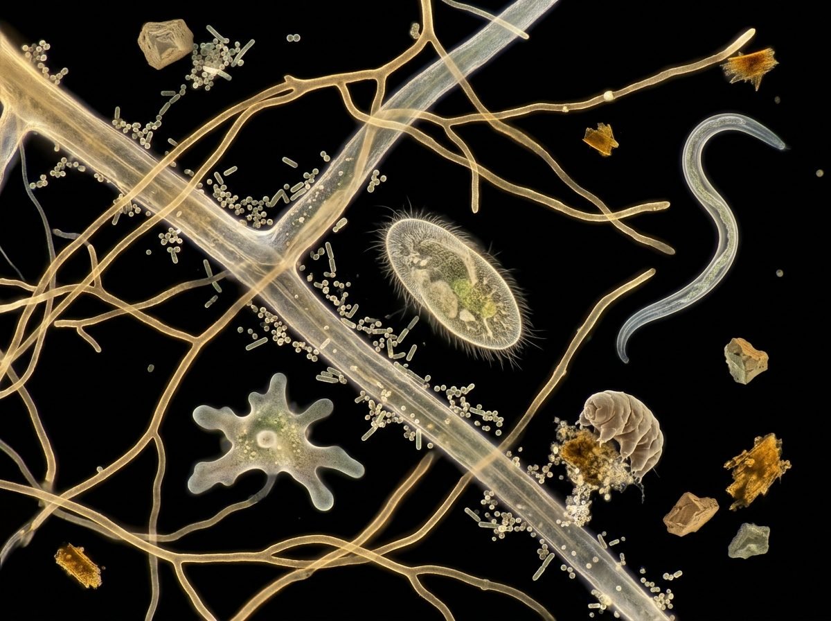 A microscope view on a black background: a root hair lined with bacteria, golden fungal threads, an oval protozoan, an amoeba, a nematode, a tardigrade and grains of mineral and plant matter.