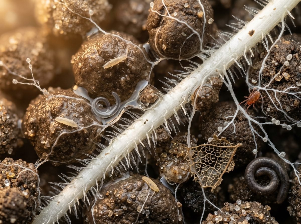 Extreme close up of a white root tip covered in root hairs, running between soil crumbs, with white fungal threads, small springtails, a red mite, a coiled nematode and a decaying leaf skeleton.