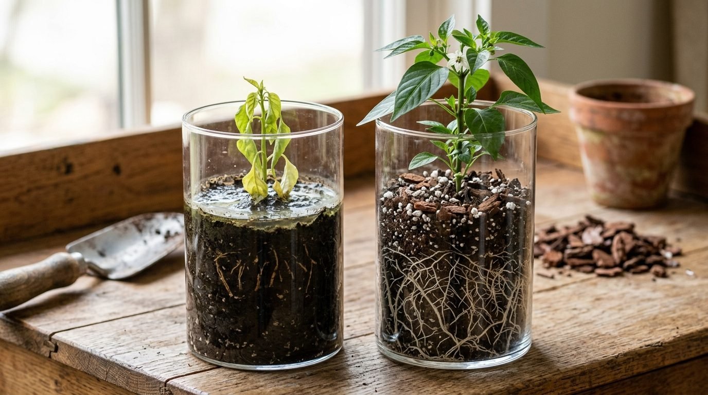Two glass jars on a potting bench, each with a pepper seedling. The left holds dark, waterlogged, compacted soil with few short roots and a pale, drooping plant. The right holds an airy mix of bark, perlite and compost filled with white roots under a lush, flowering plant.