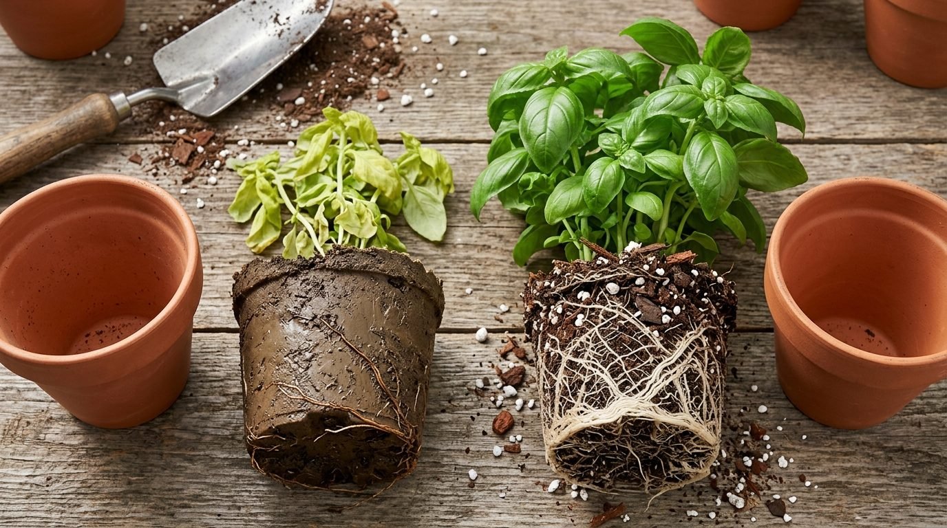 Two basil plants slipped out of terracotta pots on a wooden table. The left root ball is dense, muddy and holds the pot's shape, with a few thin roots and a pale, limp plant. The right is a crumbly mix of bark and perlite wrapped in white roots under a full, glossy plant.